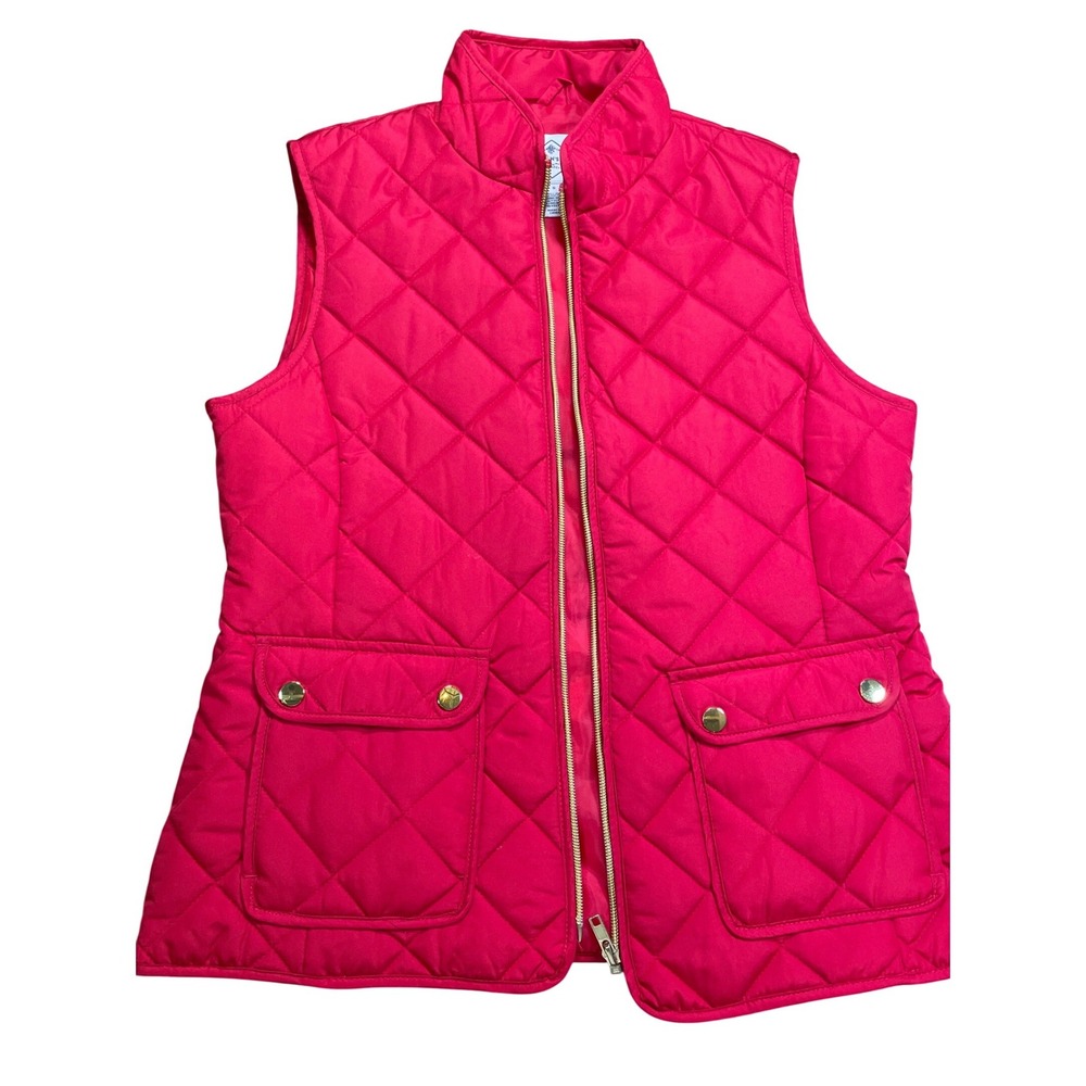 Quilted Vest Red Gold Zip Pockets Sleeveless Stand Collar Women's Outerwear